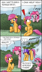 Size: 1794x3080 | Tagged: safe, artist:ciriliko, pinkie pie, scootaloo, earth pony, pegasus, pony, g4, comic, creeper, helicopter, scootaloo can't fly, zas