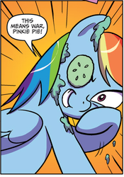Size: 379x540 | Tagged: safe, idw, official comic, rainbow dash, pony, g4, spoiler:comic, cucumber, cucumber monocle, cucumber pirate, mud mask, solo
