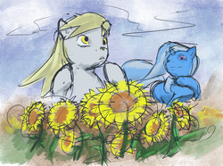 Size: 2212x1650 | Tagged: safe, artist:remenbrand, derpy hooves, trixie, bee, pegasus, pony, g4, female, flower, mare, sunflower