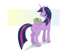 Size: 2196x1842 | Tagged: safe, artist:twitchykismet, spike, twilight sparkle, dragon, pony, unicorn, g4, dragons riding ponies, duo, female, male, mare, riding, simple background, spike riding twilight, unicorn twilight, white background