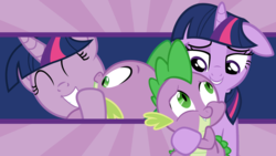 Size: 1920x1080 | Tagged: safe, artist:neodarkwing, spike, twilight sparkle, g4, hug, wallpaper