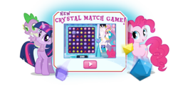 Size: 960x470 | Tagged: safe, pinkie pie, princess celestia, spike, twilight sparkle, alicorn, dragon, earth pony, pony, unicorn, g4, crystal empire, female, game, mare, partially transparent background, unicorn twilight