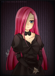 Size: 824x1124 | Tagged: safe, artist:mizz-chama, pinkie pie, human, g4, choker, clothes, dress, female, goth, gothic, hair over one eye, humanized, pinkamena diane pie, solo