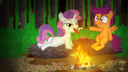 Size: 1920x1080 | Tagged: safe, artist:timidusartifex, scootaloo, sweetie belle, pegasus, pony, unicorn, g4, butt, campfire, camping, female, filly, fire, foal, licking, marshmallow, plot