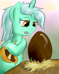 Size: 600x750 | Tagged: safe, artist:ruby, lyra heartstrings, pony, unicorn, g4, bipedal, bowl, chocolate, chocolate egg, easter, easter egg, egg, female, food, licking, licking lips, solo, spoon, stirring, tongue out