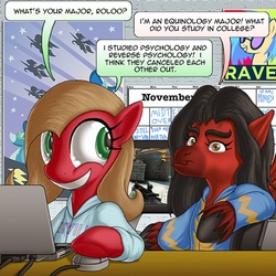 Size: 800x800 | Tagged: safe, artist:berrypawnch, oc, oc only, oc:pun, oc:roolo, earth pony, pony, ask pun, ask, college, comic, computer, female, laptop computer, mare, poster, tumblr
