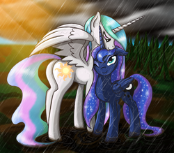 Size: 1200x1050 | Tagged: safe, artist:nalesia, princess celestia, princess luna, g4, butt, plot, rain, royal sisters, sisters, wet, wet mane