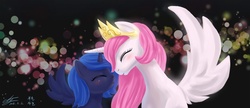 Size: 2000x867 | Tagged: safe, artist:mrs1989, princess celestia, pony, g4, eyes closed, filly, nuzzling, pink-mane celestia, sisters, spread wings, woona, younger