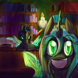 Size: 1280x1280 | Tagged: safe, artist:ryuredwings, queen chrysalis, oc, changeling, changeling queen, nymph, g4, ask, cute, cutealis, female, filly queen chrysalis, happy, library, smiling, tumblr