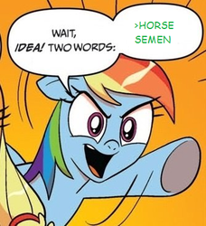 Size: 334x366 | Tagged: safe, idw, applejack, rainbow dash, g4, /mlp/, exploitable meme, greentext, meme, text, two words meme