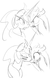 Size: 666x1037 | Tagged: source needed, safe, artist:zev, princess celestia, queen chrysalis, alicorn, changeling, changeling queen, pony, g4, female, grayscale, horn, horns are touching, kissing, lesbian, monochrome, ship:chryslestia, shipping