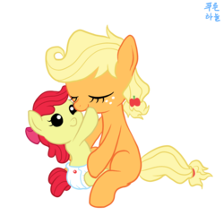 Size: 1200x1200 | Tagged: safe, artist:mrs1989, apple bloom, applejack, earth pony, pony, g4, baby, baby apple bloom, baby pony, diaper, filly, foal