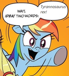 Size: 334x366 | Tagged: safe, idw, applejack, rainbow dash, dinosaur, tyrannosaurus rex, g4, exploitable meme, meme, two words meme