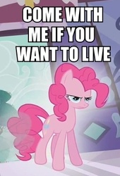 Size: 270x396 | Tagged: safe, edit, edited screencap, screencap, pinkie pie, earth pony, pony, g4, swarm of the century, cropped, female, glowing, image macro, solo, terminator, terminator 2