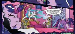 Size: 993x451 | Tagged: safe, idw, official comic, princess celestia, twilight sparkle, friendship is magic #5, g4, spoiler:comic, floppy ears, floppy horn, horn, nightmare, nightmare rarity (arc), royal guard