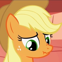Size: 538x538 | Tagged: safe, screencap, applejack, earth pony, pony, g4, look before you sleep, bust, cropped, female, golden oaks library, mare, portrait, scrunchy face, solo
