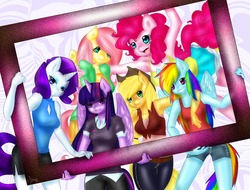 Size: 1280x972 | Tagged: safe, artist:fatcakes, applejack, fluttershy, pinkie pie, rainbow dash, rarity, twilight sparkle, anthro, g4, abstract background, clothes, frame, happy, looking at you, mane six, smiling