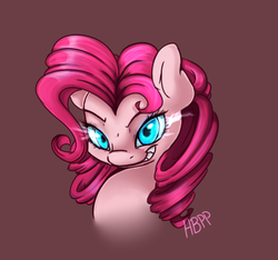 Size: 446x418 | Tagged: safe, artist:lustrous-dreams, pinkie pie, g4, brown background, bust, hotblooded pinkie pie, portrait, simple background, solo