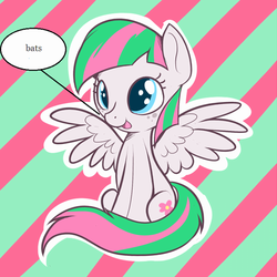 Size: 600x600 | Tagged: safe, artist:thecraftpony, edit, blossomforth, bat, pegasus, pony, g4, adoraforth, cute, female, freckles, open mouth, outline, sitting, smiling, solo, spread wings, striped background, white outline