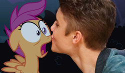 Size: 1456x852 | Tagged: safe, scootaloo, human, g4, female, irl, irl human, justin bieber, kissing, male, photo, shipping, straight