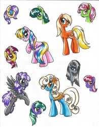 Size: 1700x2184 | Tagged: safe, artist:dgshadowchocolate, apple cobbler, aura (g4), banana fluff, blueberry punch, florina tart, green jewel, holly dash, marble pie, serena, sugar apple, sugar apple (g4), vera, earth pony, pegasus, pony, unicorn, g1, g3, g4, apple family member, background pony, bow, clothes, eyeshadow, female, flower, flower in hair, flying, hair bow, lidded eyes, makeup, mare, open mouth, saddle, simple background, skirt, tack, traditional art, white background