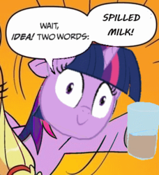 Size: 334x366 | Tagged: safe, twilight sparkle, g4, chocolate milk, everything is ruined, exploitable meme, meme, pure unfiltered evil, spill, spilled milk, two words meme, xk-class end-of-the-world scenario