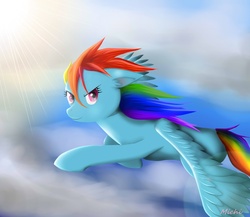 Size: 2459x2135 | Tagged: safe, artist:ichigo-star, rainbow dash, g4, closed mouth, day, eyes open, large wings, solo, spread wings, sunlight, wings