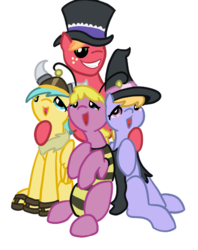 Size: 402x508 | Tagged: safe, artist:otterlore, big macintosh, cherry berry, cloud kicker, sunshower raindrops, bee, earth pony, insect, pegasus, pony, g4, luna eclipsed, berrymac, big macintosh gets all the mares, cherry bee, costume, mac the ripper, macdrops, mackicker, male, nightmare night, simple background, stallion, transparent background, viking raindrops, witch kicker