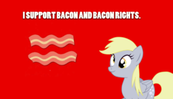 Size: 1280x736 | Tagged: artist needed, safe, derpy hooves, pegasus, pony, g4, bacon, derp, equal rights, female, hilarious in hindsight, mare, red, support