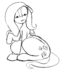 Size: 398x473 | Tagged: safe, artist:lowkey, fluttershy, pegasus, pony, g4, black and white, butt, fat, female, folded wings, grayscale, inflation, looking down, mare, monochrome, plot, raised hoof, simple background, solo, tail, white background, wings