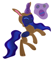 Size: 2592x2880 | Tagged: safe, artist:zomgitsalaura, princess luna, pony, g4, clothes, costume, easter, easter bunny, eyes closed, female, footed sleeper, pajamas, rearing, simple background, solo