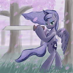 Size: 1000x1000 | Tagged: safe, artist:popprocks, princess luna, pony, g4, bipedal, female, shuriken, solo, sword, tree, weapon