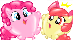Size: 334x185 | Tagged: safe, apple bloom, pinkie pie, balloon pony, g4, :o, apple bloon, balloon, balloonie pie, cute, inflation, open mouth, smiling, transformation, wat, wide eyes
