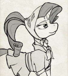 Size: 721x798 | Tagged: safe, artist:enma-darei, rarity, pony, unicorn, g4, camping outfit, female, grayscale, monochrome, open canvas, simple background, sketch, solo