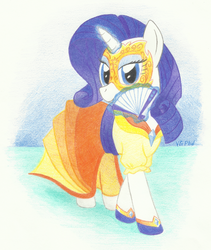 Size: 950x1125 | Tagged: safe, artist:videogamer-phil, rarity, pony, g4, clothes, dress, fan, female, handheld fan, mask, solo, traditional art