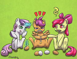 Size: 1400x1078 | Tagged: safe, artist:draneas, apple bloom, scootaloo, sweetie belle, g4, cutie mark crusaders, easter, easter egg