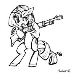 Size: 1280x1280 | Tagged: safe, artist:vombavr, rarity, pony, unicorn, g4, bipedal, female, gritted teeth, gun, lever action rifle, monochrome, rifle, simple background, solo, white background