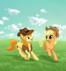 Size: 1637x1754 | Tagged: safe, artist:dannylim86, applejack, braeburn, g4, field, running, sky