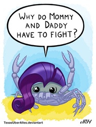 Size: 432x576 | Tagged: safe, artist:texasuberalles, crab, hybrid, female, half-breed, interspecies offspring, meme, offspring, parent:giant crab, parent:rarity, rarity fighting a giant crab, solo, wat