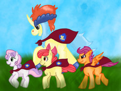 Size: 1024x768 | Tagged: safe, artist:asinglepetal, apple bloom, scootaloo, sweetie belle, keldeo, g4, crossover, cutie mark crusaders, pokémon