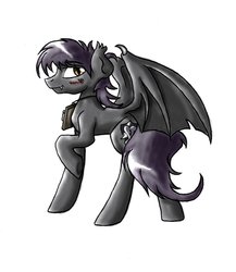 Size: 832x960 | Tagged: dead source, safe, artist:whitepone, oc, oc only, oc:stygius, bat pony, pony, fallout equestria, fallout equestria: project horizons, blushing, night guard, solo