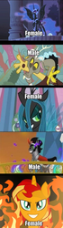 Size: 364x1293 | Tagged: safe, discord, king sombra, nightmare moon, queen chrysalis, sunset shimmer, pony, g4, season 4, antagonist, evil smile, fiery shimmer, fire, grin, smiling
