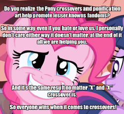Size: 680x626 | Tagged: safe, pinkie pie, twilight sparkle, g4, crossover, fandom, image macro, ponified, reference