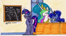 Size: 1685x928 | Tagged: safe, artist:newyorkx3, princess celestia, princess luna, twilight sparkle, alicorn, pony, unicorn, g4, bored, chalkboard, lecture, traditional art