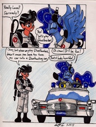 Size: 1311x1723 | Tagged: safe, artist:newyorkx3, princess luna, human, g4, cadillac, car, comic, crossover, ecto-1, ghostbusters, self insert, traditional art