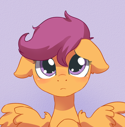 Size: 727x738 | Tagged: safe, artist:risu-nya, scootaloo, pegasus, pony, g4, blushing, cute, cutealoo, female, filly, floppy ears, fluffy, foal, frown, looking at you, puppy dog eyes, sad, scootasad, solo, spread wings, wings