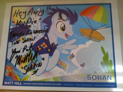 Size: 1600x1200 | Tagged: safe, artist:pixelkitties, soarin', g4, autograph, matt hill, old cutie mark, pie, poster, soarin revolution in the comments, that pony sure does love pies