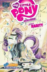 Size: 422x640 | Tagged: safe, artist:sara richard, idw, official comic, opalescence, rarity, cat, pony, unicorn, g4, micro-series #3, my little pony micro-series, official, spoiler:comic, clothes, comic cover, cover, cover art, dress, female, hat, horn, mare, one eye closed, raised hoof, smiling, solo focus, tail, variant cover, wink