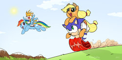 Size: 800x395 | Tagged: safe, artist:frankyding90, applejack, rainbow dash, g4, crossover, male, miles "tails" prower, sonic the hedgehog, sonic the hedgehog (series)