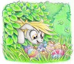 Size: 913x794 | Tagged: safe, artist:deathcutlet, derpy hooves, pegasus, pony, g4, bush, easter, easter egg, female, mare, muffin, solo, traditional art